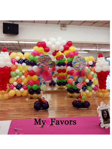 Colorful balloon decorations with candy theme.