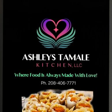 Ashley’s Tamale Kitchen logo with tagline and phone number above tamales.