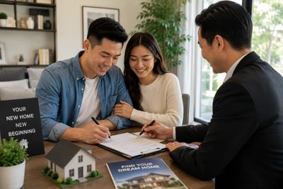 Young couple signing documents with a real estate agent for a new home.