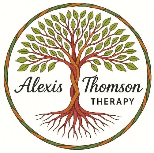 Logo of Alexis Thomson Therapy featuring a tree with intertwined trunks and green leaves.