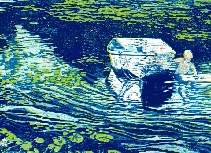 Girl and Boat,
reduction woodcut
2018,21x25in,$450