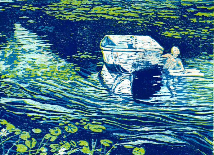 Girl and Boat,
reduction woodcut
2018,21x25in,$450