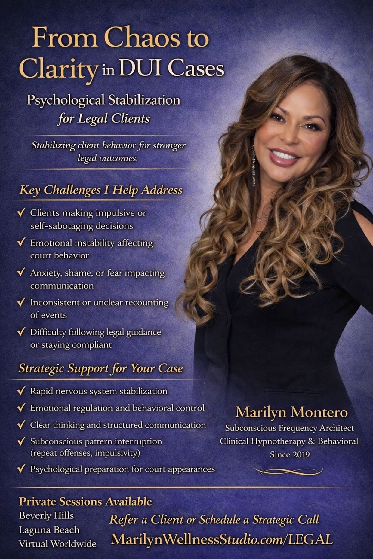 Marilyn Montero offers psychological stabilization for legal clients in DUI cases to improve legal outcomes.