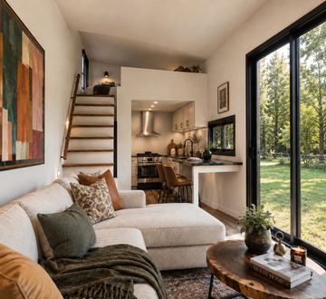 Cozy modern living room with sectional sofa and large windows.