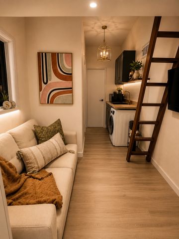 Cozy living space with sofa and kitchenette.