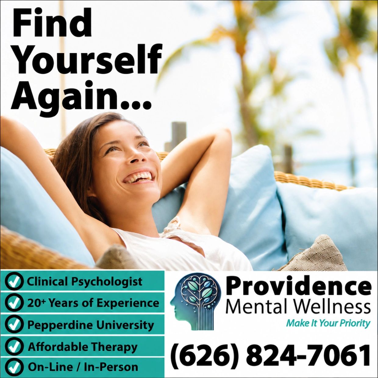 Smiling woman relaxing with ad for Providence Mental Wellness.
