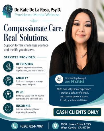 Advertisement for Dr. Kate De La Rosa offering mental wellness services.