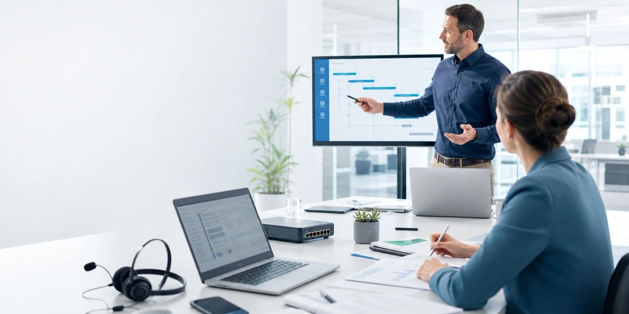 A man presenting a project timeline to a woman in a modern office.