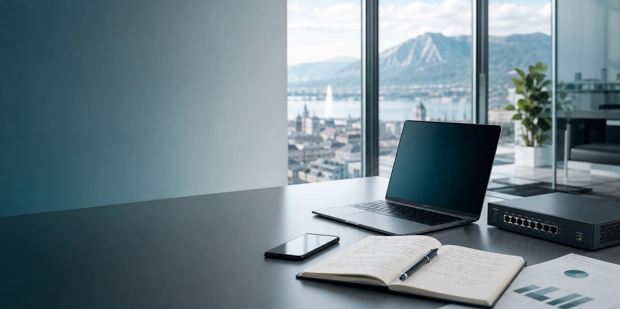 Modernes Büro mit Laptop, Smartphone und Notizbuch vor Panoramafenster.