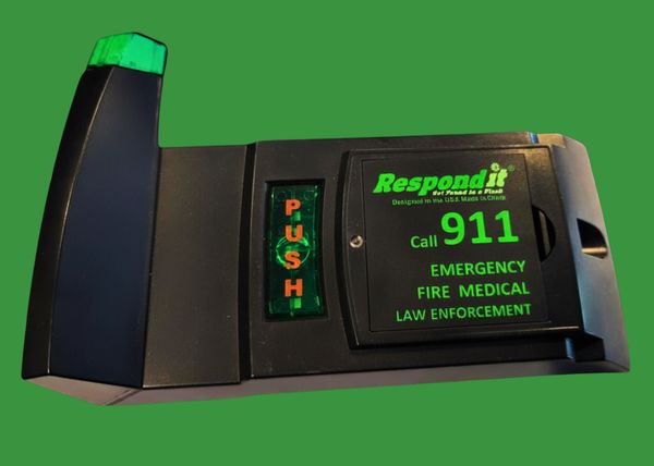 Emergency call device with a push button and instructions to call 911.