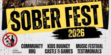 Poster for Sober Fest 2026 promoting a community BBQ, kids' activities, and music festival.