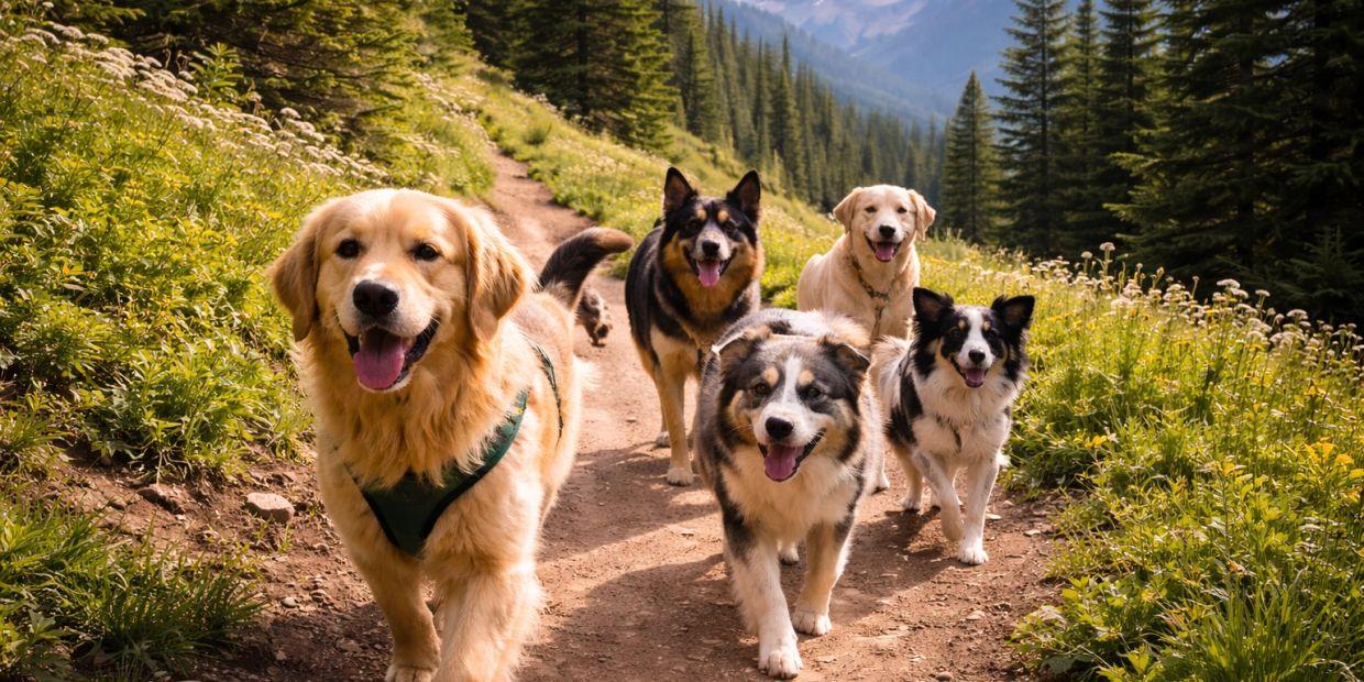 Five happy dogs walking on a forest trail with mountains in the background.