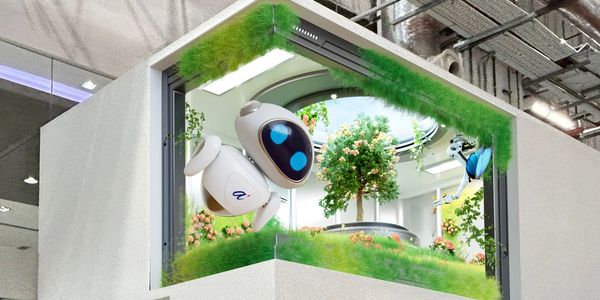 A futuristic robot in a green, plant-filled room with a tree and flowers.