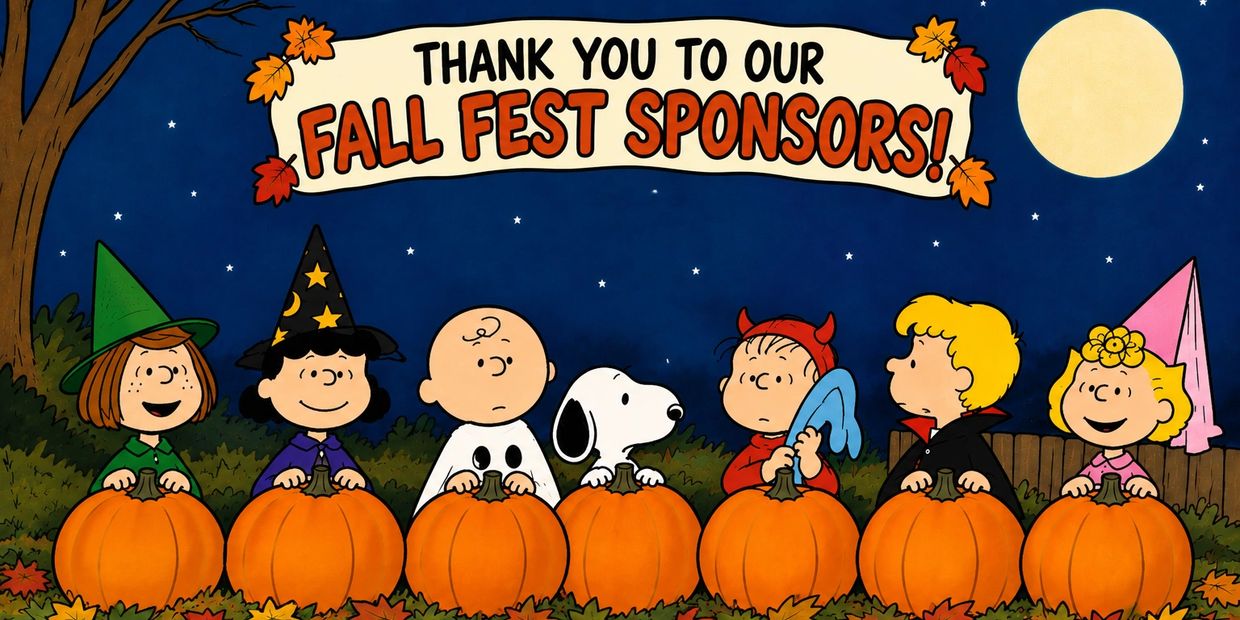 Peanuts characters at a fall festival with pumpkins under a thank you banner.