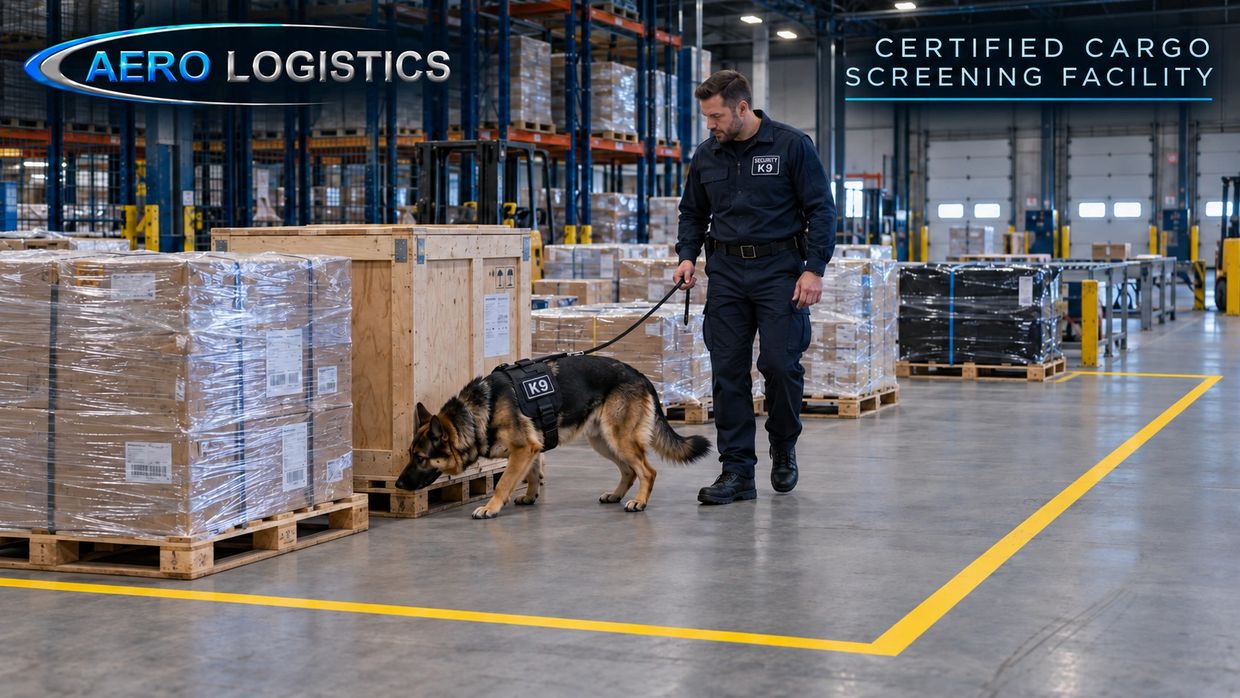 Security officer with K9 dog inspecting cargo in warehouse.