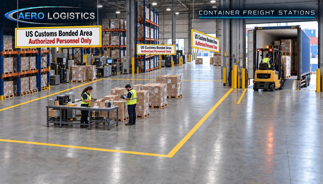 Warehouse workers handling packages inside a US Customs Bonded Area.