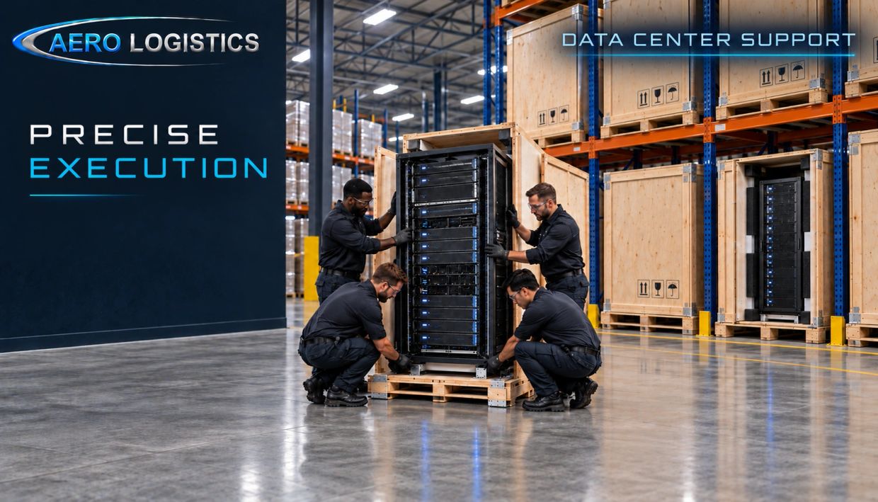 Workers handling server racks in a warehouse for data center support.