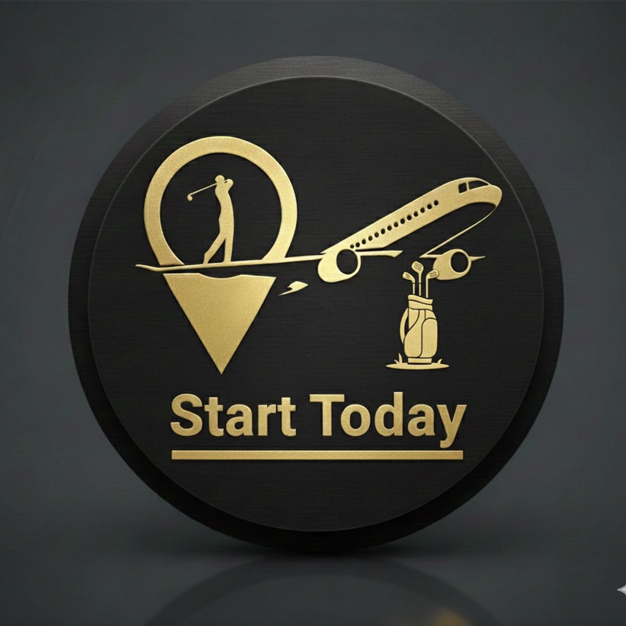 Gold emblem with golf and airplane icons and 'Start Today' text on black.