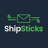 ShipSticks logo with green mail icon and golf clubs on a dark background.