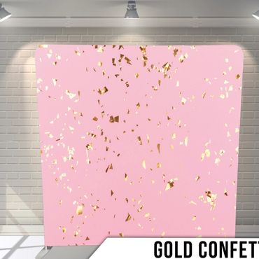 Pink backdrop with gold confetti pattern.