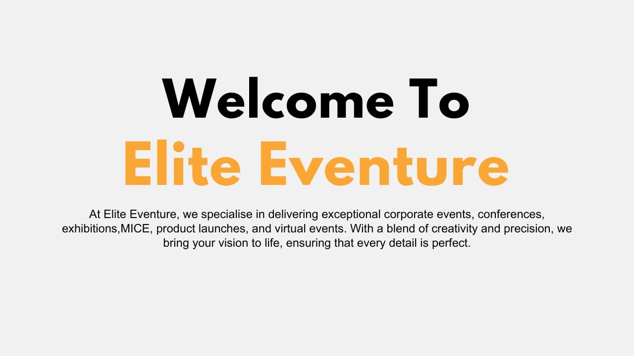 Welcome message for Elite Eventure, specializing in corporate and virtual events.