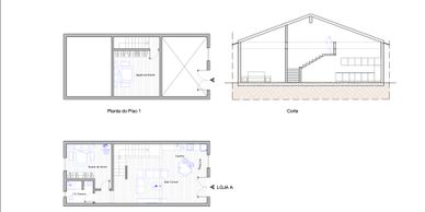 Architectural floor plans and cross-section of a two-level building.