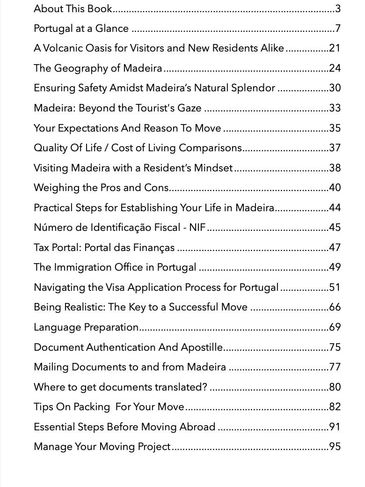 Table of contents for a guide about moving to Madeira, Portugal.