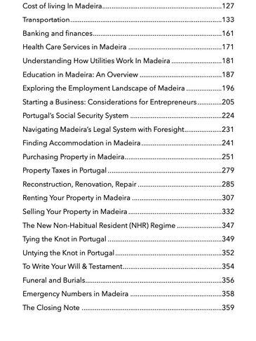 Table of contents for a Madeira guidebook.