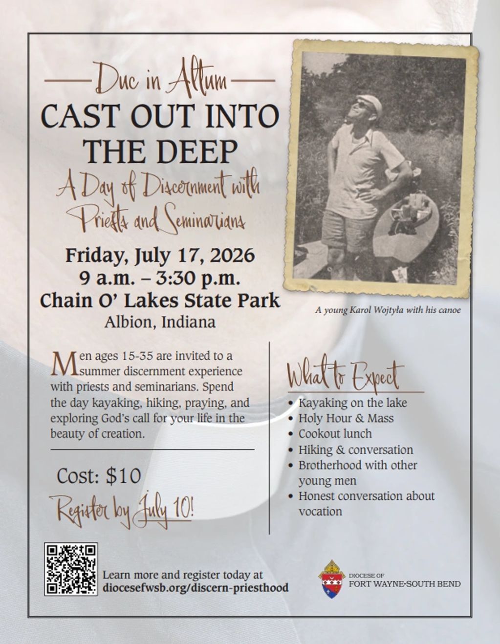 Event flyer for a discernment day with priests and seminarians at Chain O' Lakes State Park.