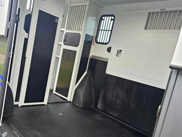Empty horse trailer interior with protective padding and partitions.