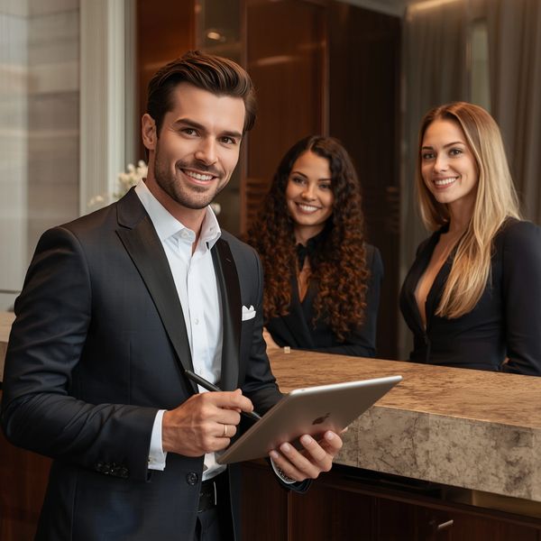 Three professionals smiling, one holding a tablet with a stylus in a modern office.
