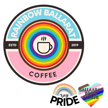 Rainbow Ballarat Coffee logo with a smaller Tiny Pride logo in the corner