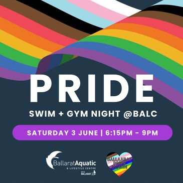 The flier for the Pride Swim and Gym night, showing a ribbon of rainbow colours behind the words