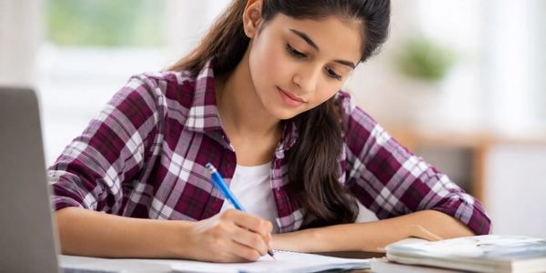 Young woman studying and writing in a notebook at a desk.