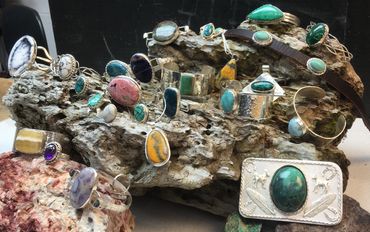 Pendants, Rings, Bracelets and belt Buckle created in the 9/20 Beginning Silversmithing & 4 Bracelet