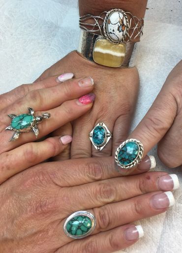 Rings  made in  9/20  Beginning Silversmithing & 4 Bracelet Retreat 