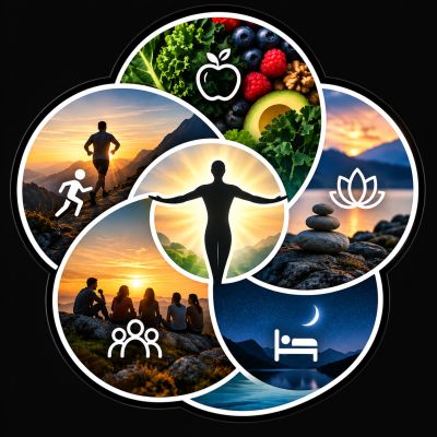 Collage representing health with nutrition, exercise, meditation, social connection, and sleep.