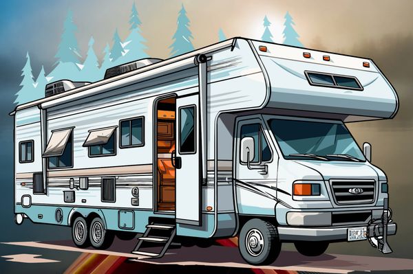 Illustration of a large white RV with open door and stairs on a forest road.