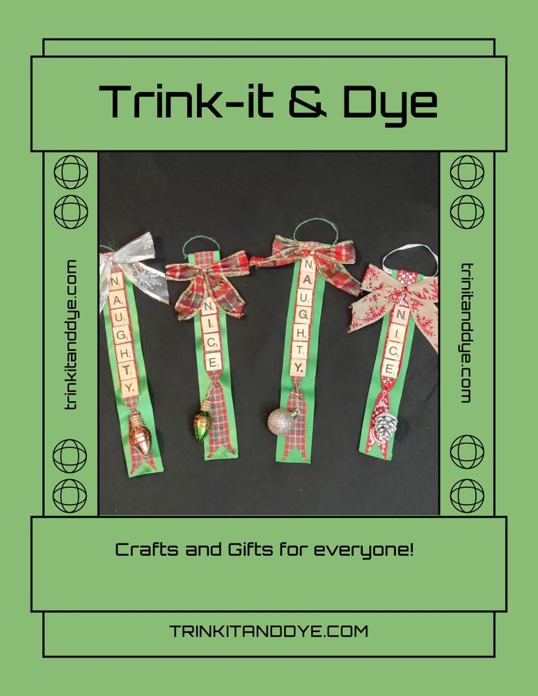 Holiday-themed hanging decorations with 'Naughty' and 'Nice' spelled out in Scrabble letters.