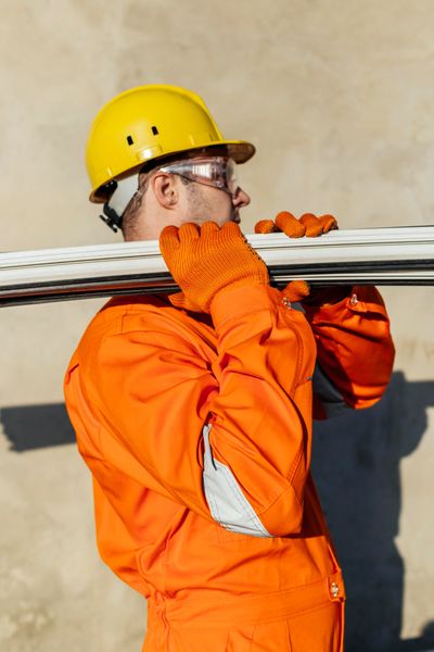 A worker clad in orange safety jacket with yellow helmet working on site