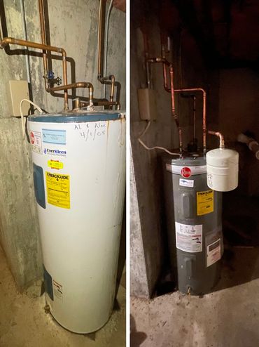 Rheem 40-gallon electric water heater with isolation valve and expansion tank.  Cross River, NY