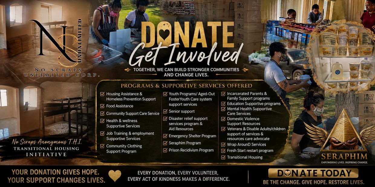 Donation and community support programs flyer for No Scraps Unlimited Corp.