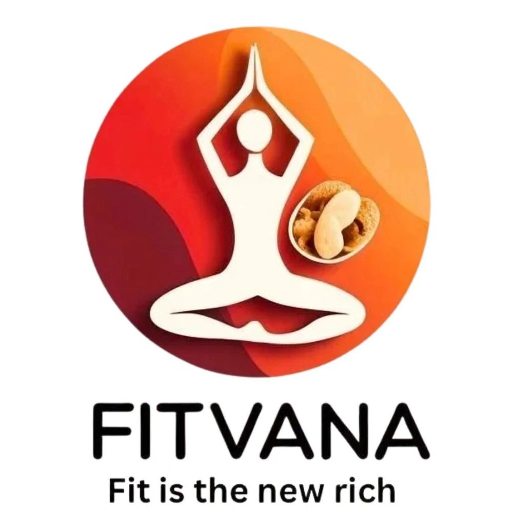 Logo of Fitvana with a yoga pose and nuts, slogan: Fit is the new rich.
