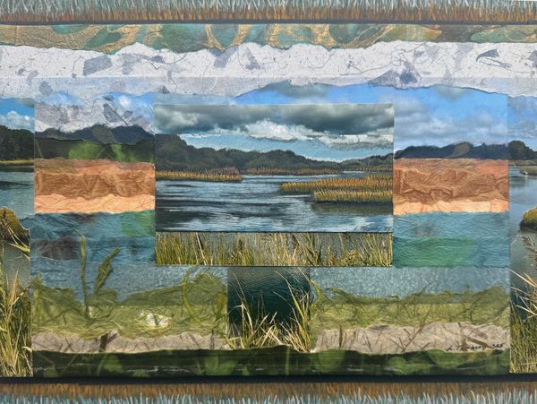 A layered landscape artwork depicting water, grass, and sky in patchwork style.