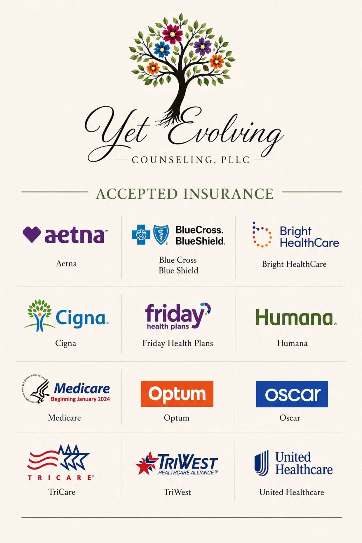 List of insurance providers accepted by Yet Evolving Counseling.