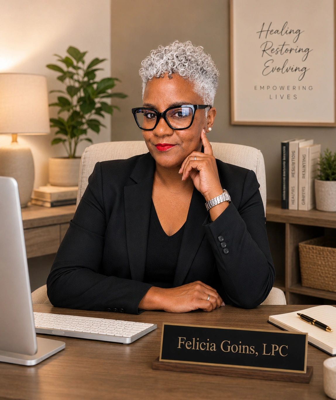 Professional woman in an office with nameplate Felicia Goins, LPC.