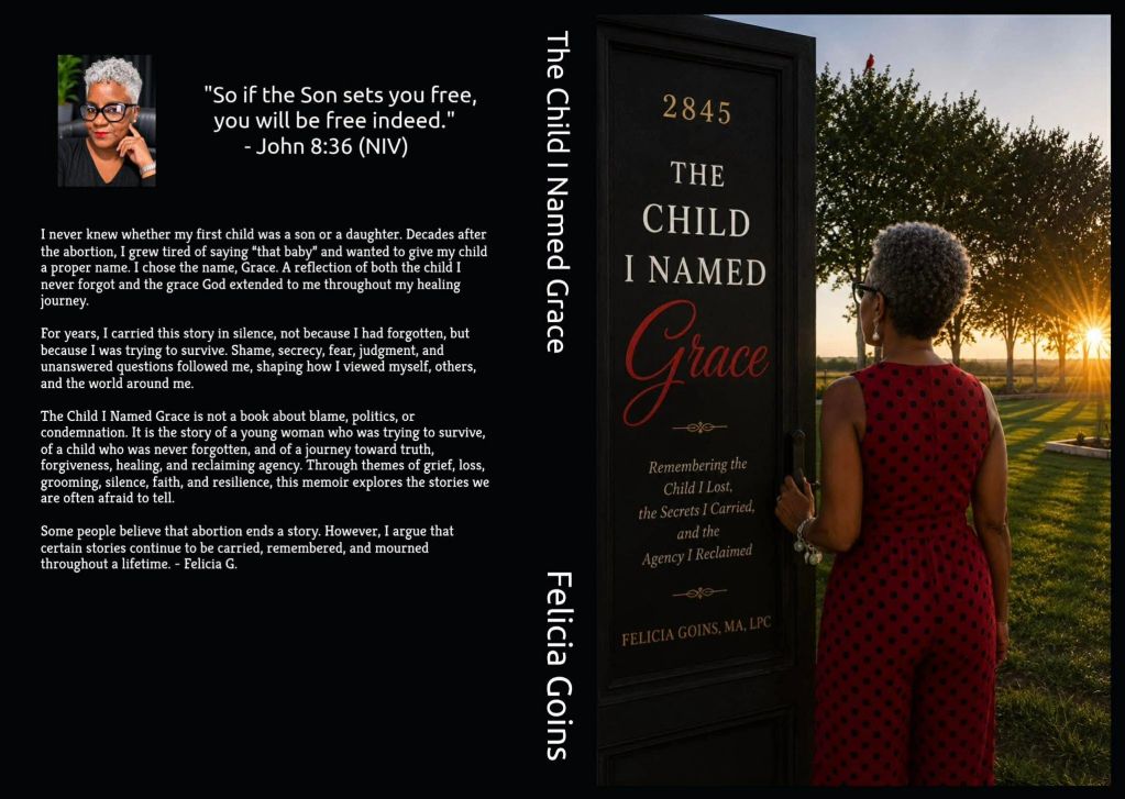Book cover of "The Child I Named Grace" by Felicia Goins with a personal story and sunset photo.