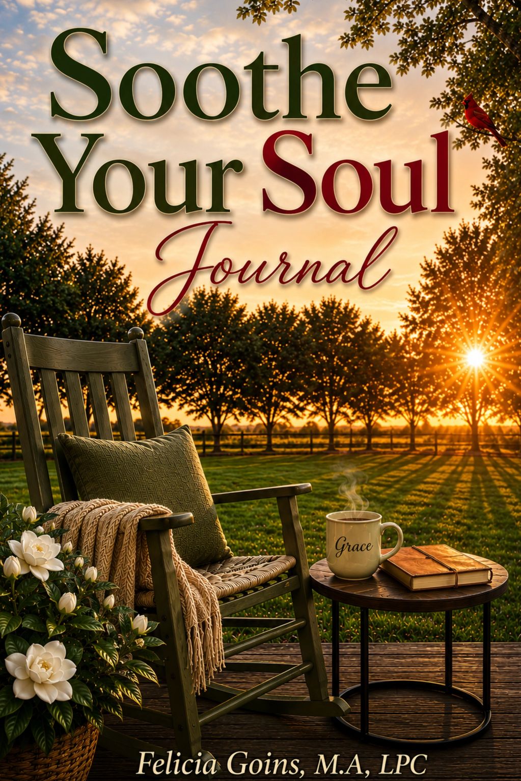 Cozy outdoor scene with a rocking chair, journal, and steaming cup at sunset.