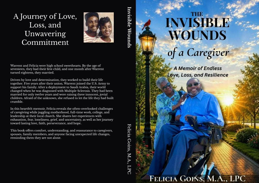 Book cover of "The Invisible Wounds of a Caregiver" by Felicia Goins, featuring a smiling couple at sunset.