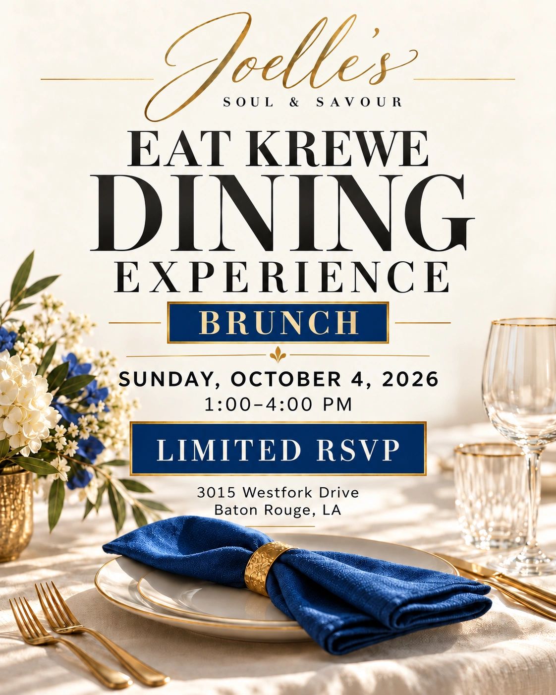 Elegant brunch event announcement with sophisticated table setting.